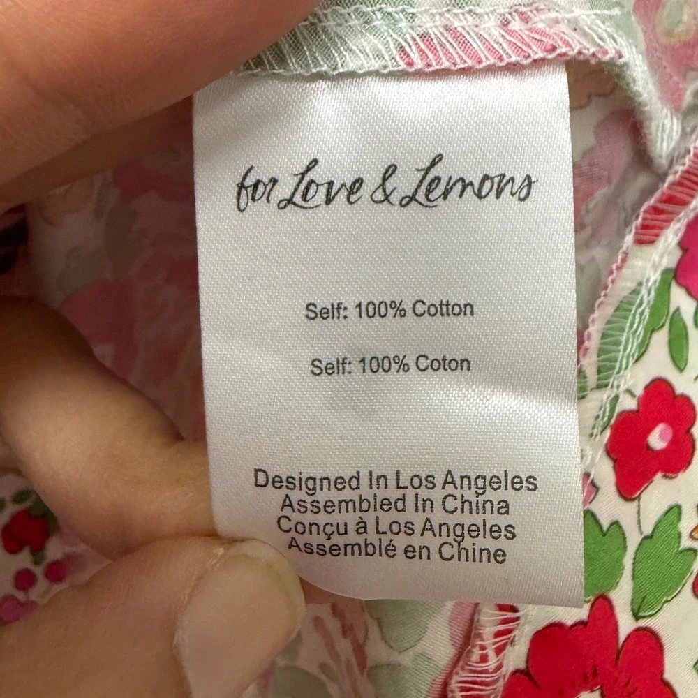 For Love & Lemons XS Floral Puff Sleeve Lace Up Back Mini‎ Dress Red Pink Cotton